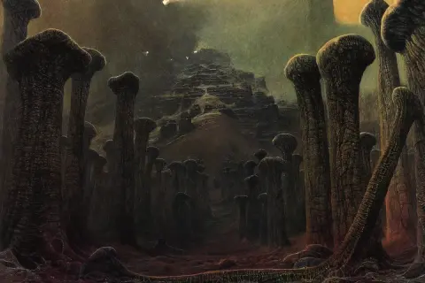 Mroczny, surrealistyczny krajobraz z grzybopodobnymi formacjami i schodkową górą w tle. To obraz końca świata, pełen niepokoju i tajemnicy.