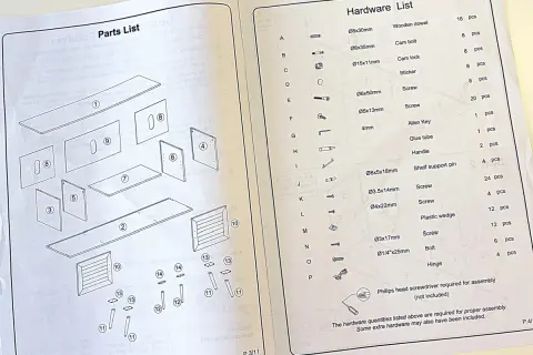 Diagrams and lists for furniture assembly instructions, showing parts and hardware needed.