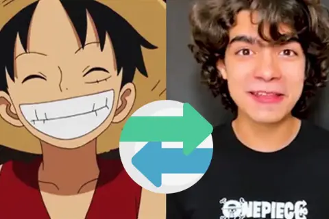 Anime-Charakter Monkey D. Luffy trifft auf einen jungen Mann, der ein One Piece T-Shirt trägt. Ein Symbol mit zwei Pfeilen verbindet sie.