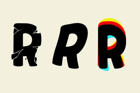 Trois lettres R noires sur fond crème. La première est fissurée, la deuxième est lisse, la troisième a un effet 3D coloré.