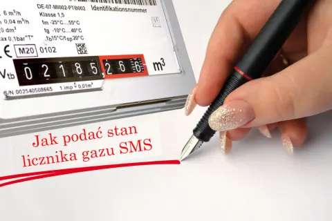 Jak podać stan licznika gazu SMS? Widoczny licznik gazu z cyframi 02185266. Dłoń z długopisem wskazuje na tekst.