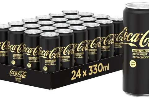 Czarna puszka Coca-Coli Zero z napisem "zero caffeine" – idealna herbata bez teiny dla każdego.