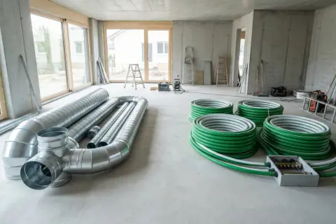 Na budowie leżą metalowe rury i zielone węże, które mogą posłużyć do montażu systemu rekuperacji.