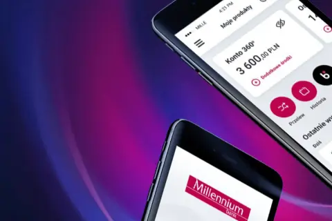 Dwie smartfony z aplikacją bankową Millennium. Na jednym widać saldo konta 3600 zł, na drugim logo banku. To Twoja nowa, wygodna millennium karta wirtualna.