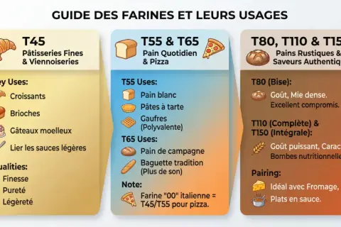 Guide des farines : T45 pour pâtisseries fines, T55/T65 pour pain quotidien et pizza. La différence farine t45 t55 est clé pour vos recettes.