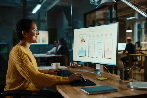 Uśmiechnięta ui designer pracuje nad projektem aplikacji, tworząc intuicyjny interfejs użytkownika.