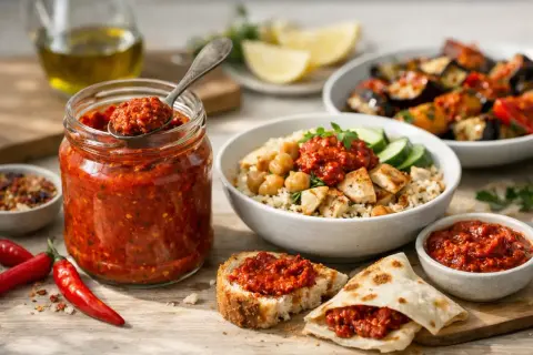 Słoik pełen pikantnej harissy, która dodaje smaku daniom z kurczakiem, ciecierzycą i warzywami. Harissa co to? To aromatyczna pasta z papryk i przypraw.