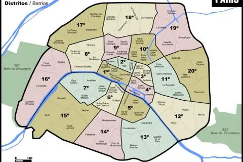 Mapa Paryża z zaznaczonymi dzielnicami (arrondissements). Niektóre obszary, jak 13. i 19. dzielnica, mogą być postrzegane jako niebezpieczne dzielnice Paryża.