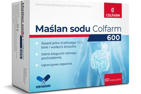 Maślan sodu Colfarm 600 na zespół jelita drażliwego, biegunki i zaparcia. Mikropeletki w kapsułkach.