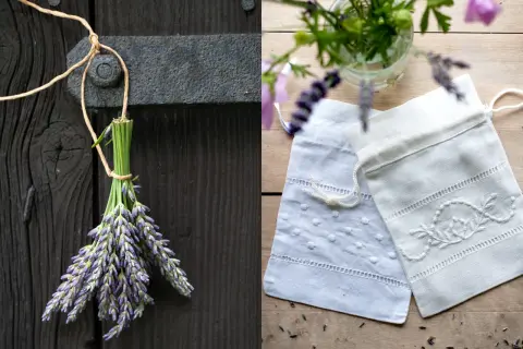En bukett lavendel hänger på en gammal träport, redo för torka lavendel. Bredvid ligger två broderade påsar, perfekta för att förvara den torkade lavendeln.
