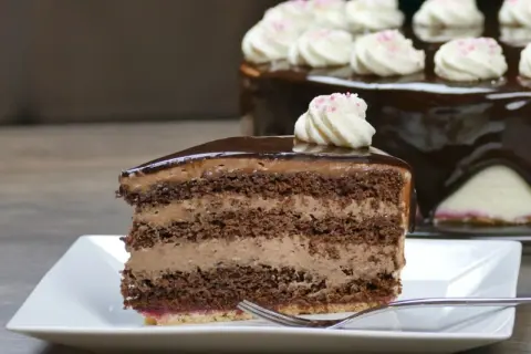 Ein Stück saftige Schoko Sahne Torte mit glänzendem Schokoladenguss und zarter Sahnehaube.