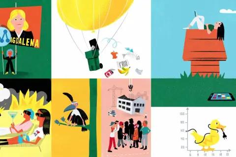 En illustration med flera scener: en politiker, en varmluftsballong med sopor, en person på ett hundhus, en explosion, en fågel och en byggarbetsplats. Allt för att visa hur vi kan prosper svenska.