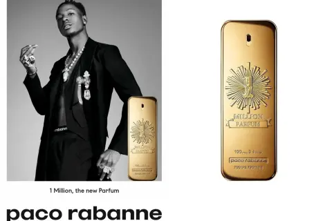 Elegancki mężczyzna w garniturze prezentuje flakon Paco Rabanne 1 Million Parfum, symbol luksusu i bogactwa.