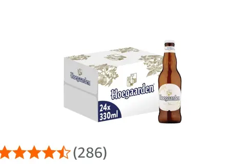 Scatola da 24 bottiglie di Hoegaarden Wit Blanche, con una singola bottiglia in primo piano. La birra ha 4,9% vol.
