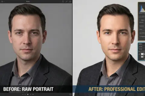 Before and after portrait comparison, showcasing photo editing tips with adjustments for exposure, clarity, and skin softening in Lightroom.