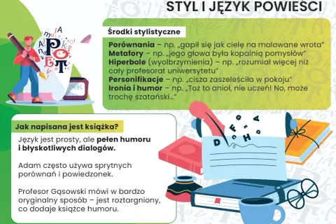 Ilustracja przedstawia chłopca piszącego piórem, otoczonego literami i książkami. Tekst opisuje środki stylistyczne, w tym ironię i humor, który może być "trochę szatański".