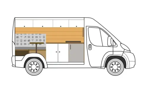 Diseño de camperizados de furgonetas: interior con armarios, cocina, nevera y mesa plegable con motivos de viaje.