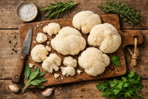 Hongos melena de león, frescos y listos para cocinar, junto a hierbas aromáticas y ajo en una tabla de madera.