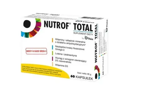Opakowanie suplementu diety Nutrof Total z luteiną, zeaksantyną i kwasami Omega-3.
