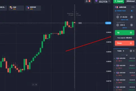 Gráfico de velas muestra operaciones binarias en AUD/CAD. El precio sube, con una inversión de 200 $ y un pago potencial de 358 $.