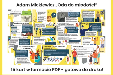 Ilustracja z cytatami i grafikami o "Odzie do młodości" Adama Mickiewicza.