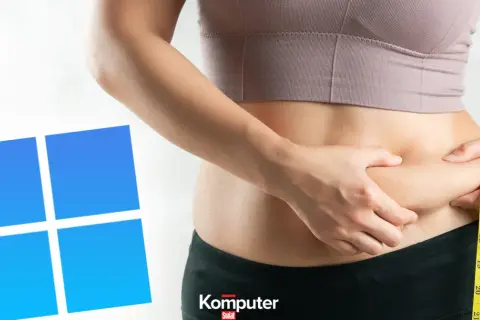 Osoba mierzy talię miarką, obok widoczne logo Windows. Czyżby nowy sposób na odchudzanie Windows 10?