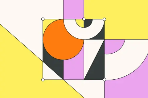 Abstract digital artwork featuring geometric shapes in pastel colors. An orange circle is partially enclosed by a square, with arcs and triangles completing the composition.