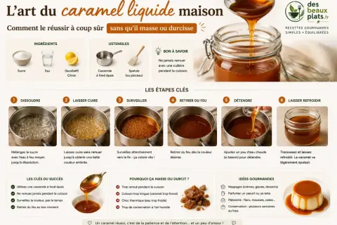 Guide pour réussir un caramel liquide maison, de la dissolution à la dégustation. Le caramel est versé dans un bocal.