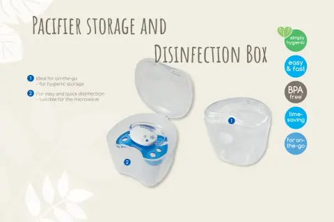 Pacifier storage and disinfection box. Ideal for on-the-go hygienic storage and quick microwave disinfection.
