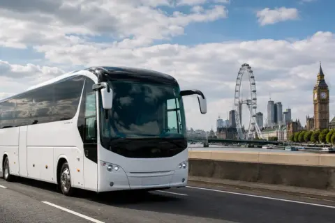 Biały autokar do Londynu jedzie w stronę miasta z Big Benem i London Eye w tle.