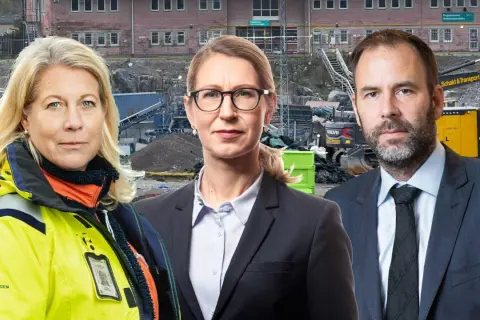 Tre personer framför en byggarbetsplats. De arbetar för att återskapa tillit i byggbranschen.
