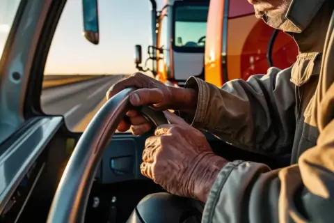 Manos curtidas al volante de un camión, con su carnet de conducir BTP a buen recaudo. El sol del atardecer ilumina la carretera.