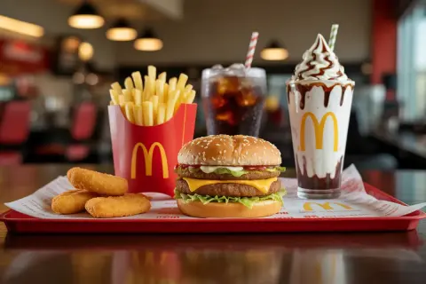 Zestaw z McDonald's: burger, frytki, nuggetsy i shake. Zastanawiasz się, ile kosztują frytki w maku?