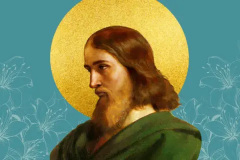 Portret mężczyzny z brodą i długimi włosami, otoczonego złotym nimbem. W tle stylizowane lilie. Może to być wizerunek pierwszej żony św. Józefa.
