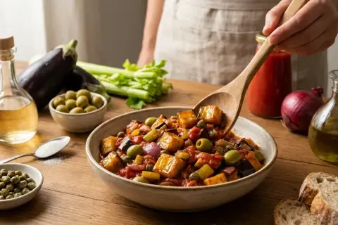 Une cuillère sert une généreuse portion de caponata sicilienne, un plat coloré d'aubergines, olives et tomates, prêt à être dégusté.