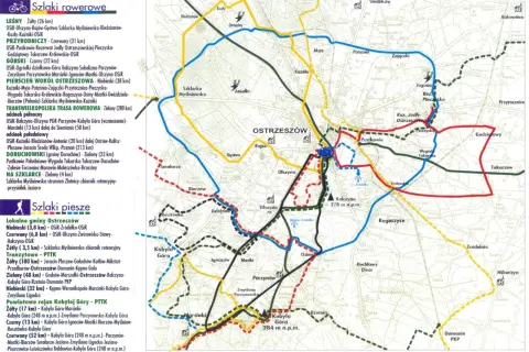 Mapa tras rowerowych Wielkopolski, z zaznaczonymi szlakami wokół Ostrzeszowa i Kobylej Góry.