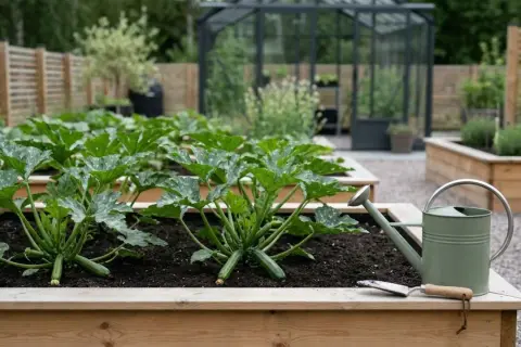 Odla squash i upphöjda bäddar. Gröna blad och små frukter syns, med en vattenkanna redo.