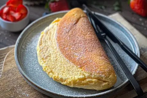 Puszysty omlet, idealny na śniadanie. Zobacz, jak zrobić omlet, który zachwyci smakiem i wyglądem. Posypany cukrem pudrem, czeka na Ciebie.