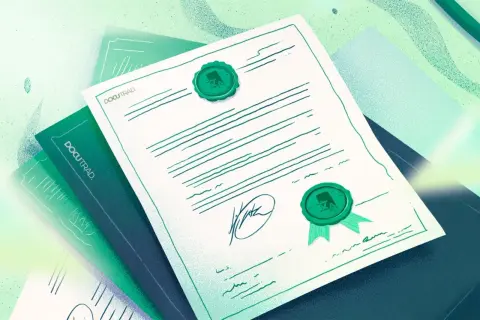 Illustration d'un document officiel avec sceaux verts, signature et lignes manuscrites.