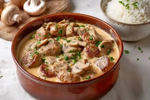 Herzhaftes schweinefilet mit champignons in cremiger Soße, garniert mit Petersilie. Daneben eine Schüssel Reis.