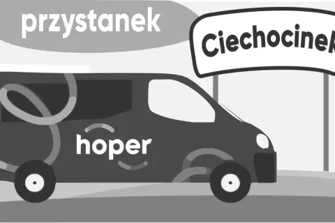 Bus "Hoper" na przystanku, gotowy do wyjazdu do Ciechocinka.