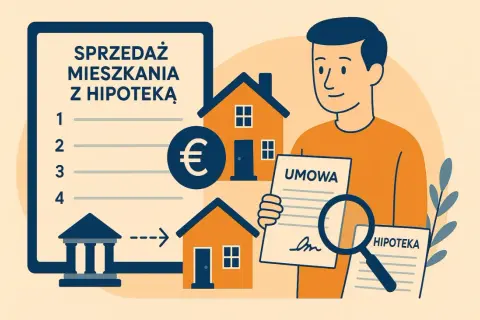 Mężczyzna analizuje umowę i dokumenty dotyczące sprzedaży mieszkania z hipoteką. W tle domy i symbol euro.