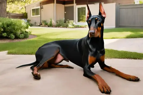 Elegancki Doberman, jedna z imponujących ras psów dużych, odpoczywa na podjeździe przed domem.