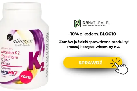 Opakowanie witaminy K2 MK-7 Aliness. Sprawdź przeciwwskazania i korzyści. Zniżka -10% z kodem BLOG10.