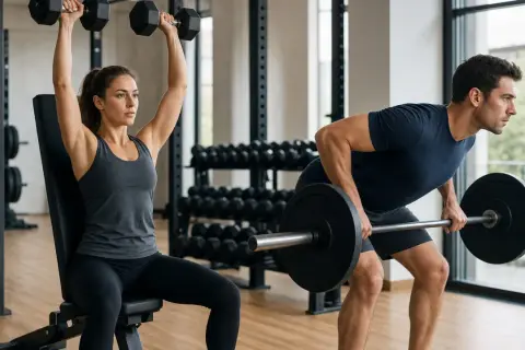 Frau hebt Hanteln, Mann hebt Langhantel. Sie machen ein effektives Split Training im Fitnessstudio.