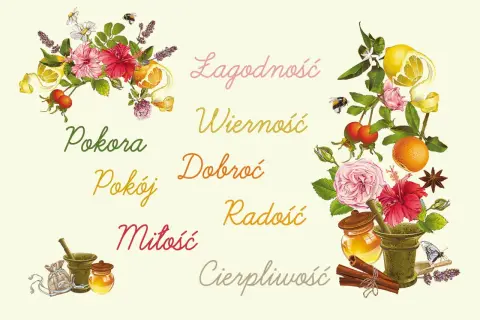 Kwiaty, owoce i pszczoły symbolizują owoce Ducha Świętego: łagodność, wierność, dobroć, pokorę, pokój, miłość, radość i cierpliwość.