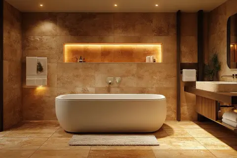 Salle de bain luxueuse avec **pose travertin mural**. Baignoire îlot, vasque en pierre, miroir ovale et éclairage d'ambiance.