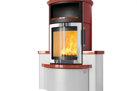 Moderner Kaminofen mit rotem Granit und Sichtfenster, der den HARK ECO PLUS ohne Filter betreiben lässt.