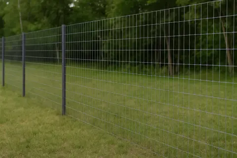 Solidne, ciemne słupki do siatki leśnej, idealne do zabezpieczenia terenu. Siatka z drobnymi oczkami, mocowana do słupków, tworzy trwałe ogrodzenie.