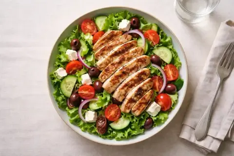 En fräsch kycklingsallad med grillad hel kyckling, tomater, gurka, oliver och fetaost. Perfekt för en lätt lunch där hel kyckling temperatur är viktig.
